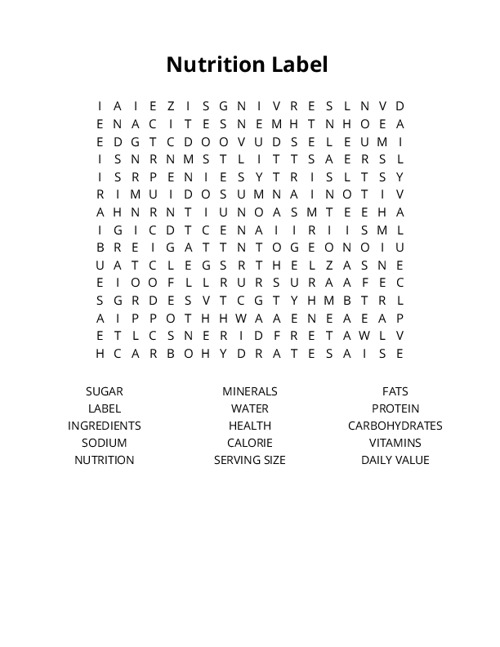 Nutrition Label Crossword Puzzle