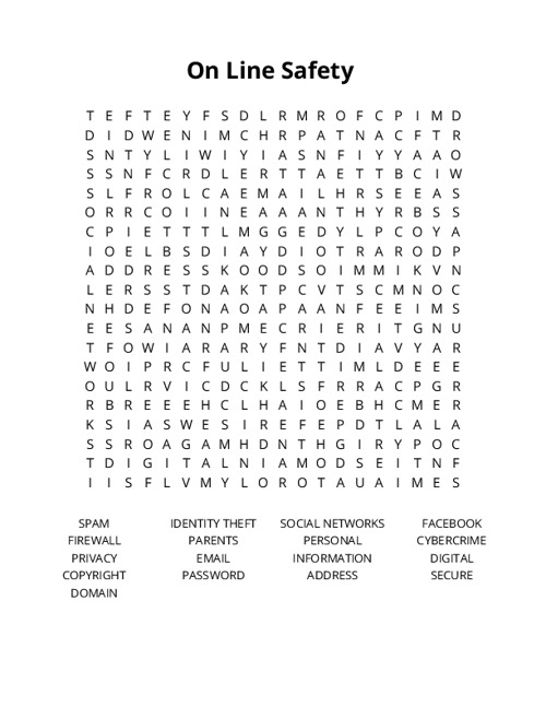 On Line Safety Word Search Puzzle
