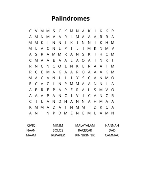 Palindromes Crossword Puzzle