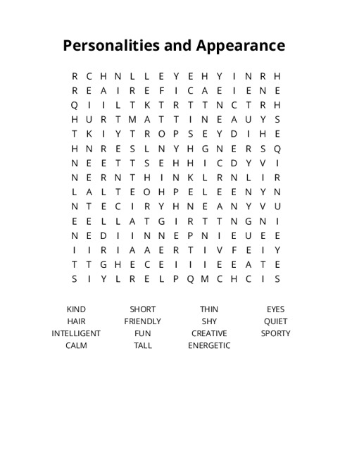 Personalities and Appearance Crossword Puzzle