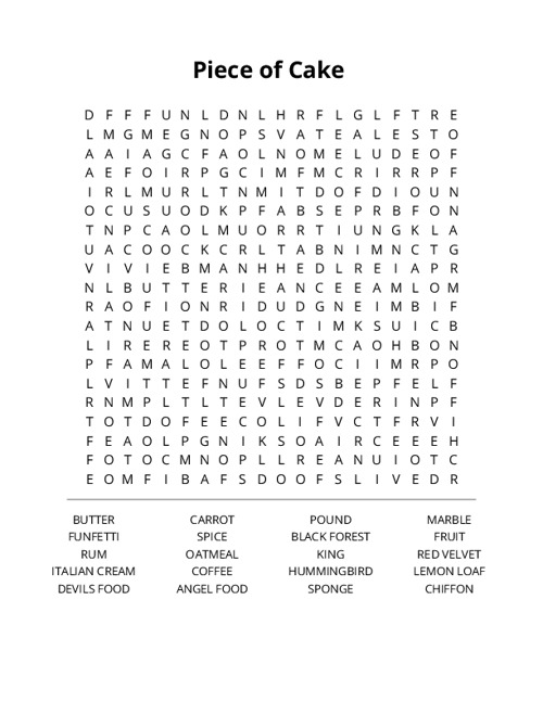 Piece of Cake Word Search Puzzle