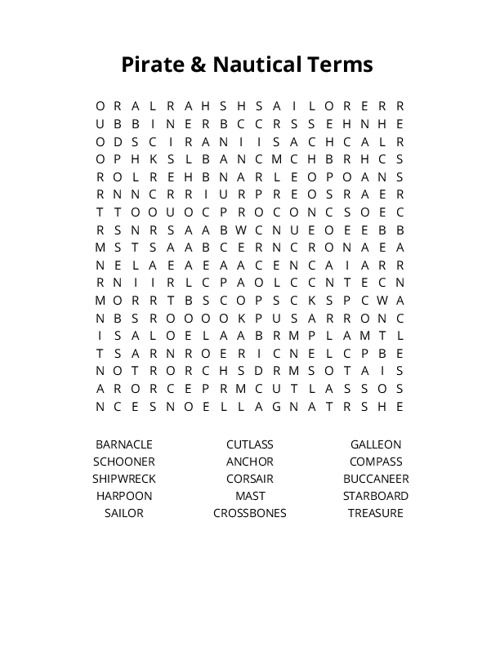 Pirate & Nautical Terms Word Search Puzzle