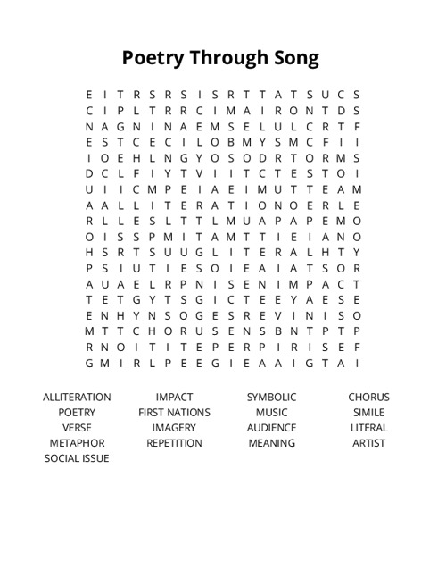 Poetry Through Song Word Search Puzzle