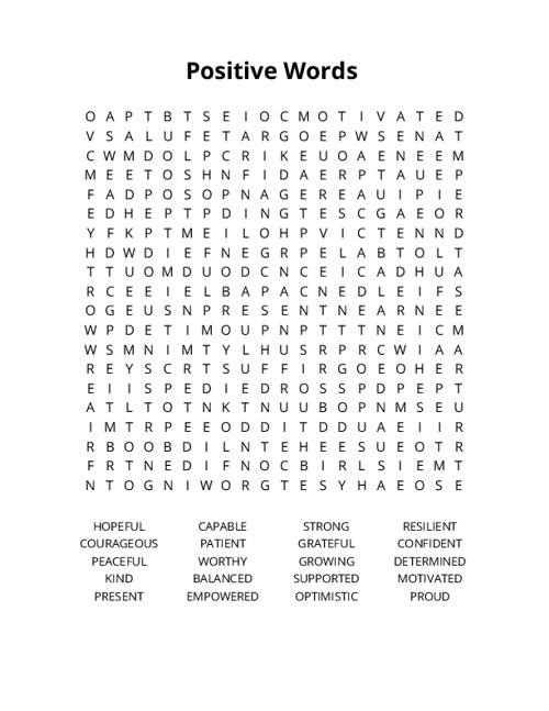 Positive Words Word Search Puzzle