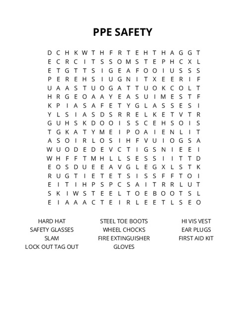 PPE SAFETY  Word Search Puzzle