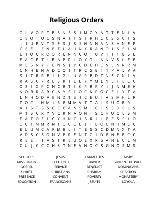 Religious Orders  Word Search Puzzle