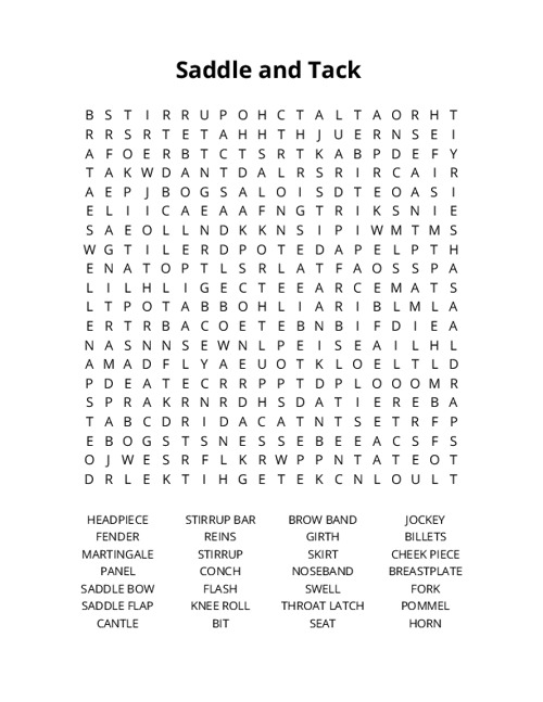 Saddle and Tack Word Search Puzzle