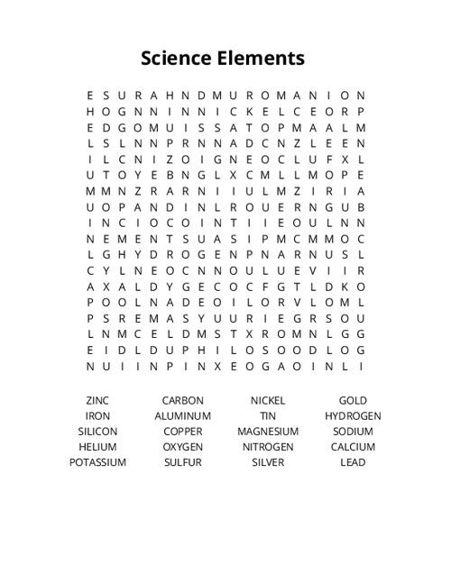 Science Elements Word Search Puzzle