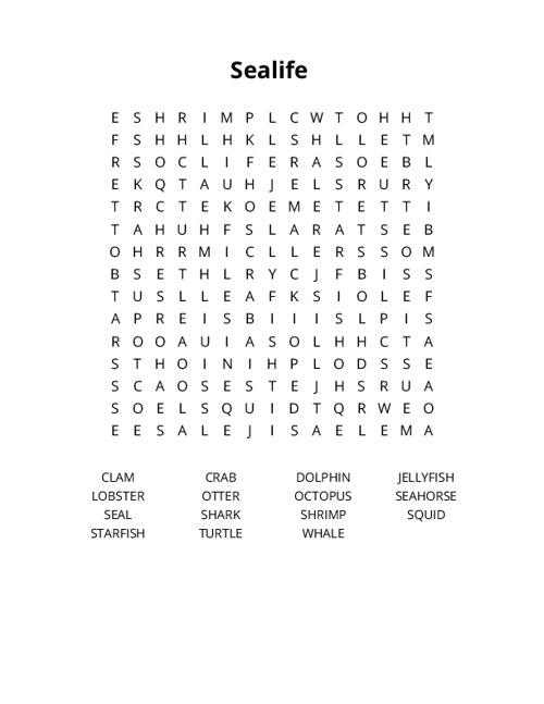 Sealife Crossword Puzzle