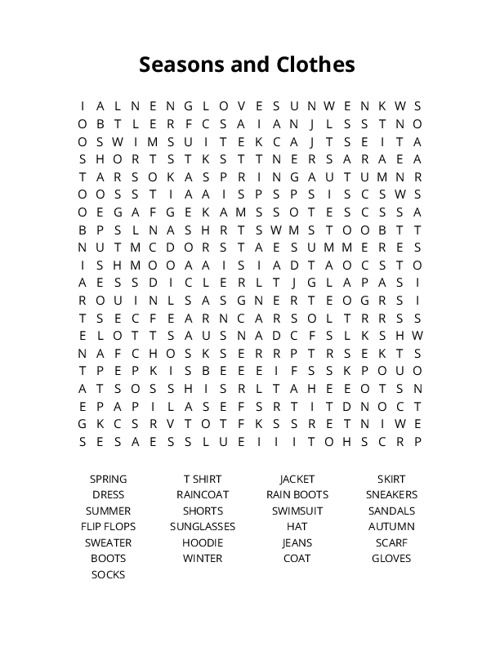 Seasons and Clothes Crossword Puzzle