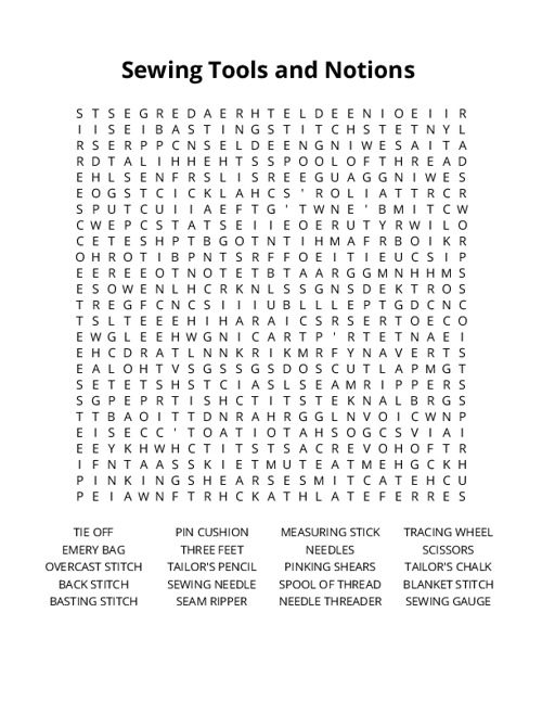 Sewing Tools and Notions Crossword Puzzle