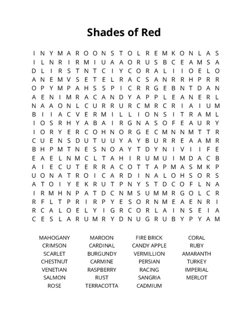 Shades of Red  Word Search Puzzle