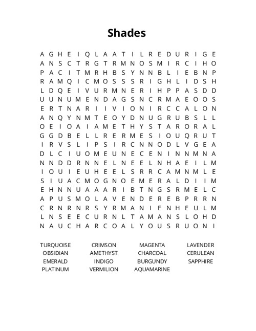 Shades Word Search Puzzle