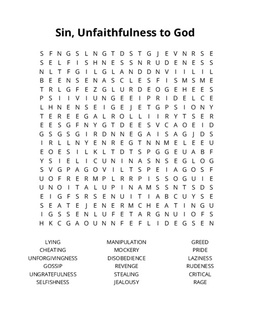 Sin, Unfaithfulness to God Crossword Puzzle
