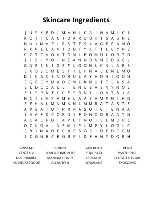 Skincare Ingredients Crossword Puzzle