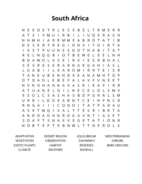South Africa Word Search Puzzle