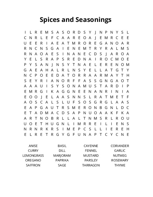 Spices and Seasonings Word Search Puzzle