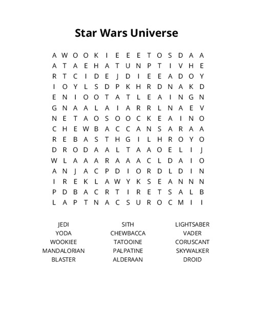 Star Wars Universe Word Search Puzzle