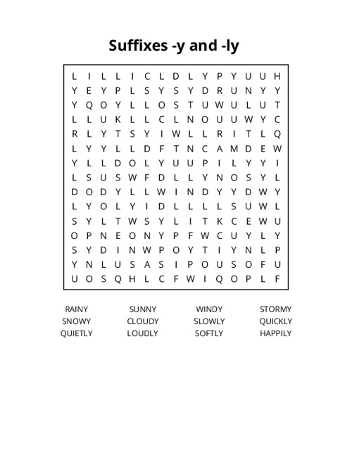 Suffixes -y and -ly Word Search Puzzle