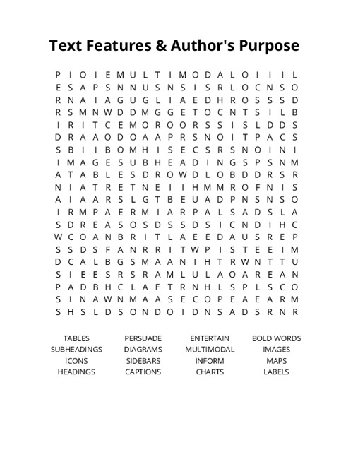 Text Features & Author's Purpose Word Search Puzzle