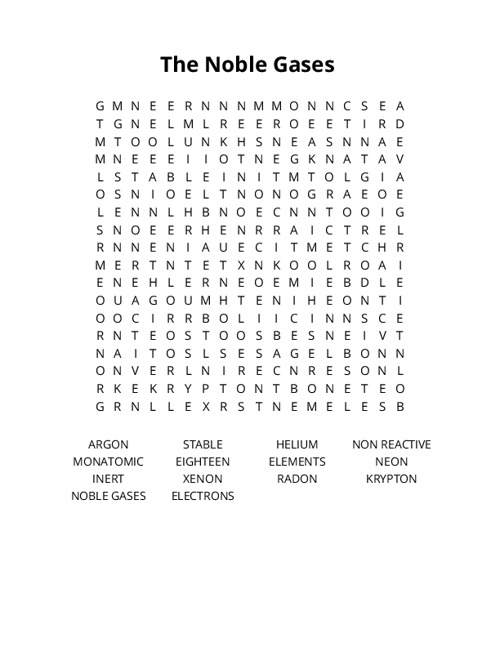 The Noble Gases  Word Search Puzzle