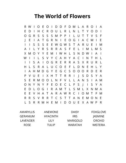 The World of Flowers Word Search Puzzle