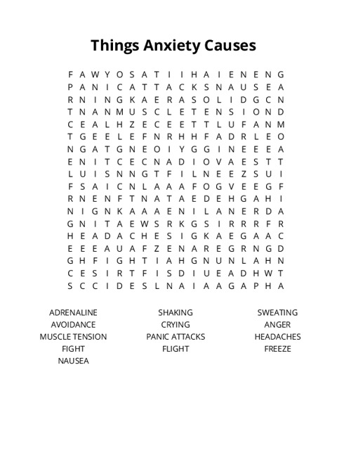 Things Anxiety Causes Word Search Puzzle
