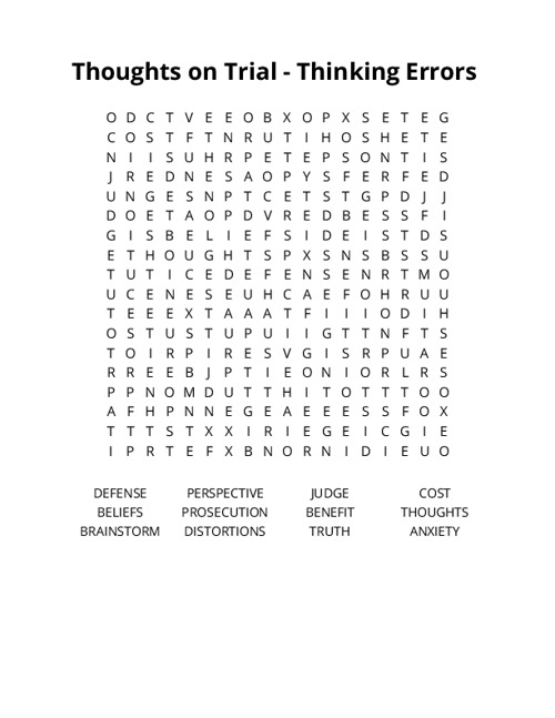 Thoughts on Trial - Thinking Errors  Word Search Puzzle