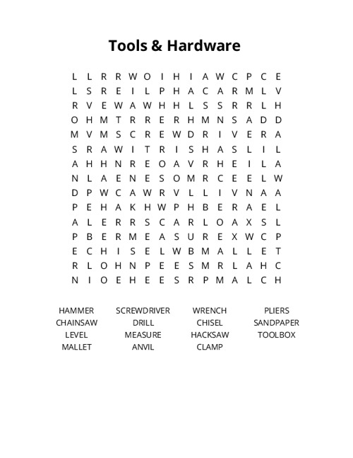 Tools & Hardware Word Search Puzzle