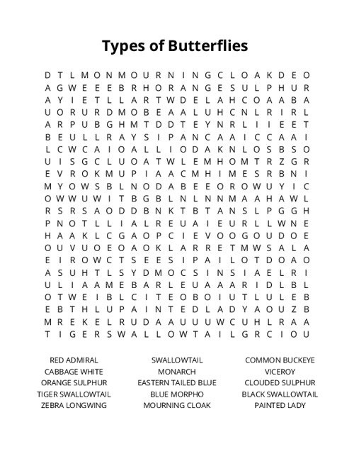 Types of Butterflies Word Search Puzzle