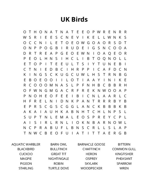 UK Birds Crossword Puzzle
