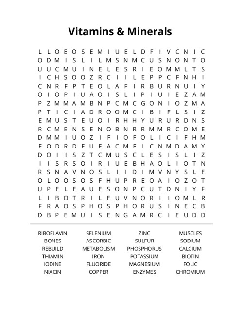 Vitamins & Minerals Crossword Puzzle