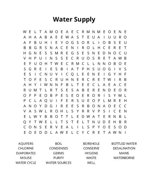 Water Supply Word Search Puzzle