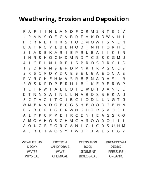 Weathering, Erosion and Deposition  Word Search Puzzle