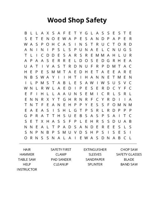 Wood Shop Safety Crossword Puzzle