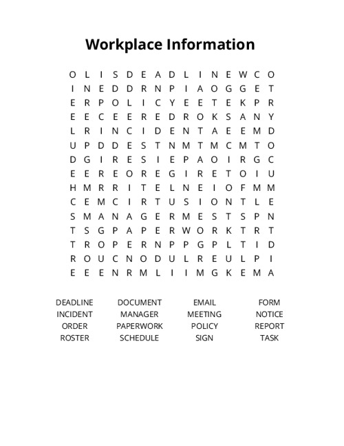 Workplace Information Word Search Puzzle