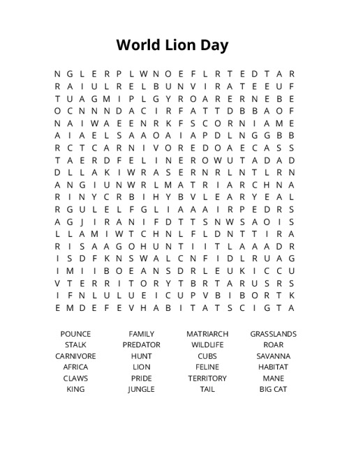 World Lion Day Word Search Puzzle