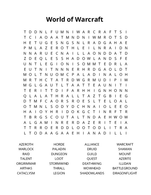 World of Warcraft  Word Search Puzzle
