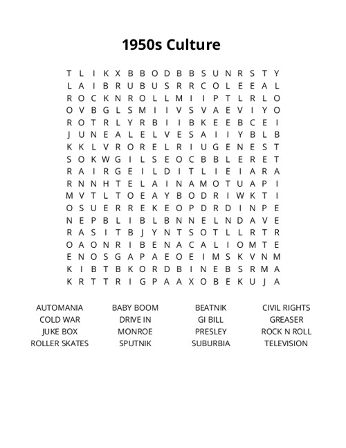 1950s Culture Crossword Puzzle