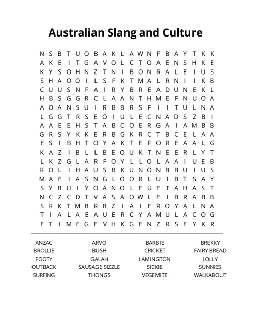 Australian Slang and Culture  Word Search Puzzle
