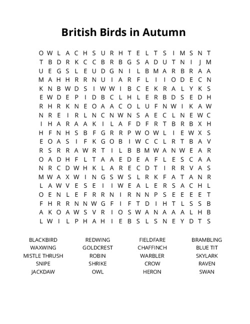 British Birds in Autumn Crossword Puzzle