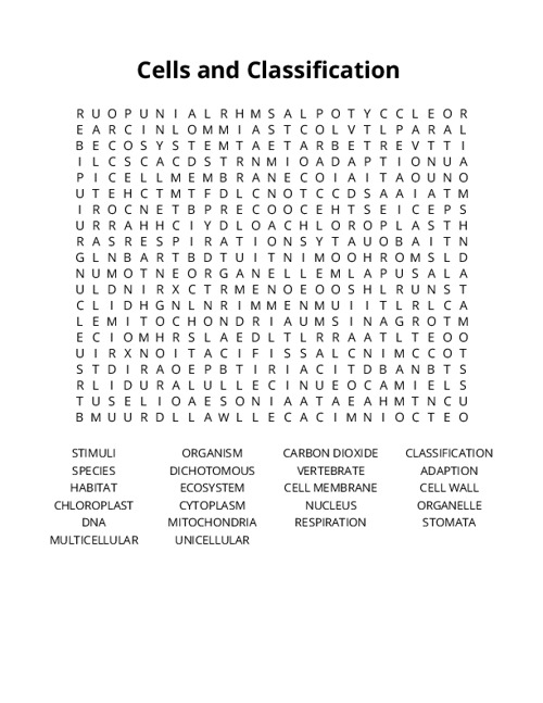 Cells and Classification Crossword Puzzle