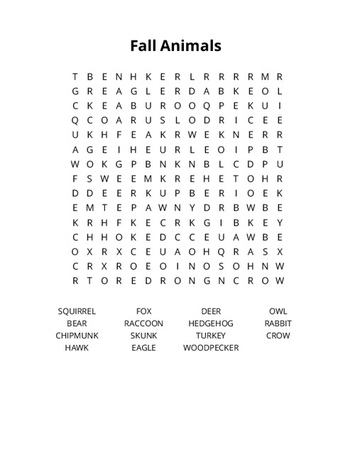 Fall Animals Crossword Puzzle