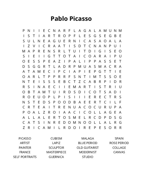 Pablo Picasso Word Search Puzzle