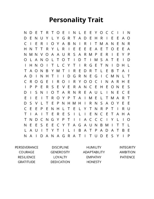 Personality Trait Crossword Puzzle