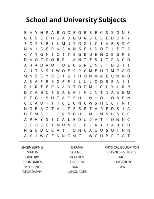 School and University Subjects Crossword Puzzle