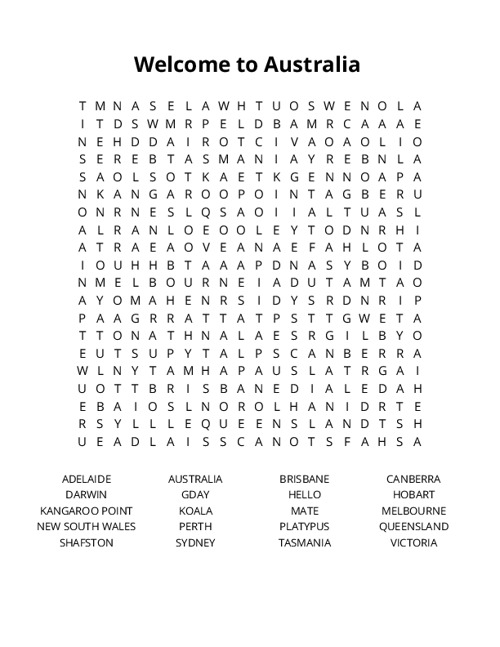 Welcome to Australia Word Search Puzzle