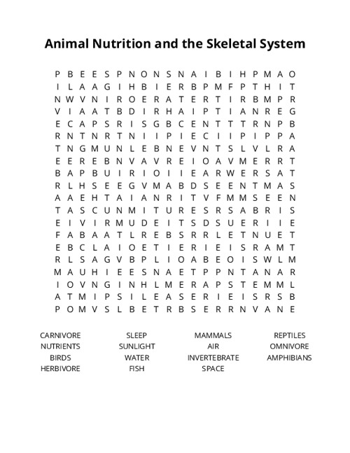 Animal Nutrition and the Skeletal System Crossword Puzzle