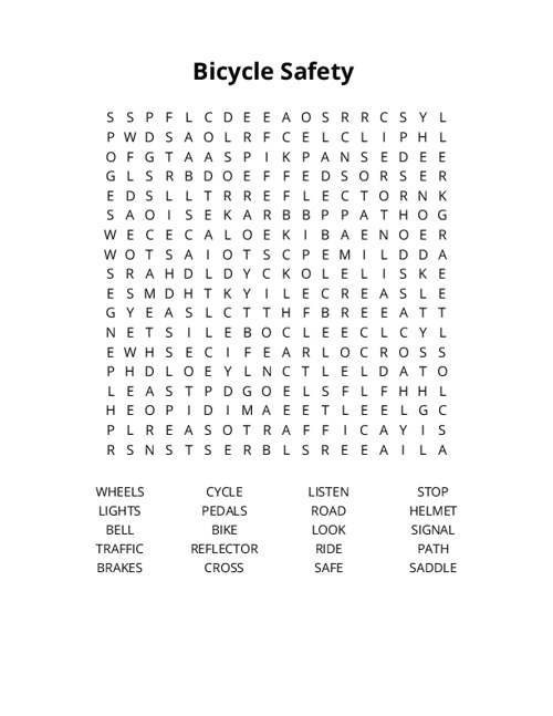 Bicycle Safety Crossword Puzzle