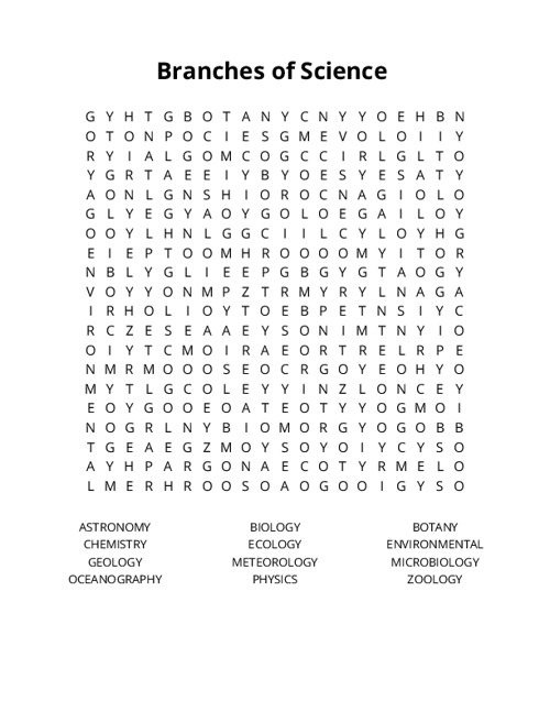 Branches of Science Crossword Puzzle
